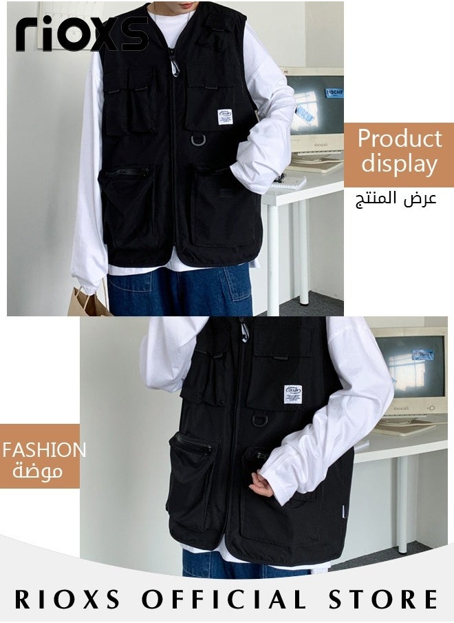 Men's Loose Cargo Utility Vest Multi Pockets Sleeveless Jacket for Fishing Travel Outdoor Activities