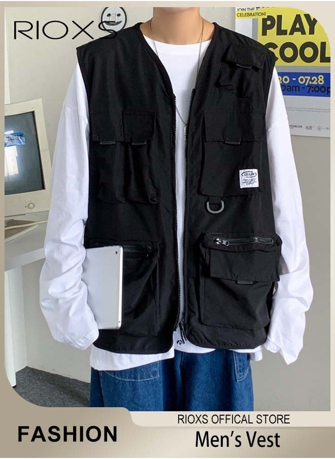 Men's Loose Cargo Utility Vest Multi Pockets Sleeveless Jacket for Fishing Travel Outdoor Activities