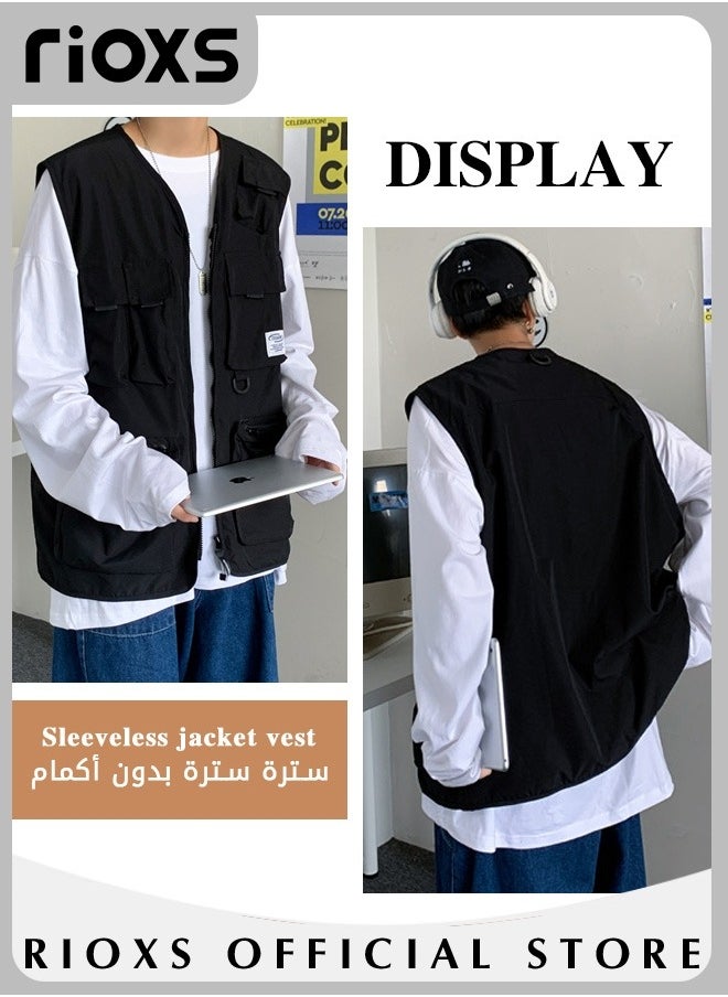 Men's Loose Cargo Utility Vest Multi Pockets Sleeveless Jacket for Fishing Travel Outdoor Activities