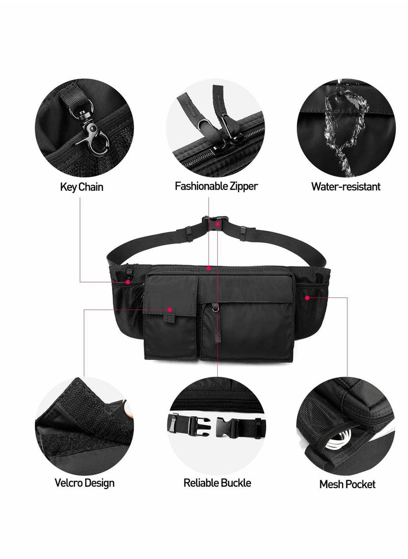 Waist Bag, Large Waterproof Black Men's Women's Adjustable Straps Premium Lightweight Waist Bag for Gym Fitness Workout Travel Work Commute