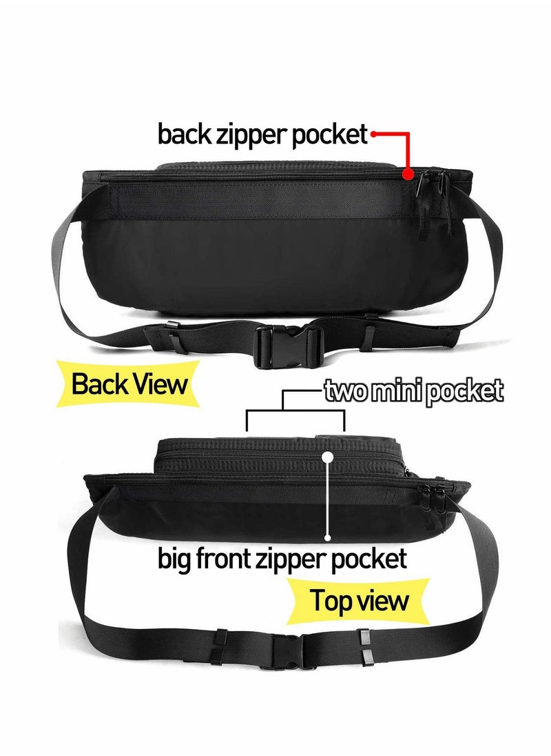 Waist Bag, Large Waterproof Black Men's Women's Adjustable Straps Premium Lightweight Waist Bag for Gym Fitness Workout Travel Work Commute