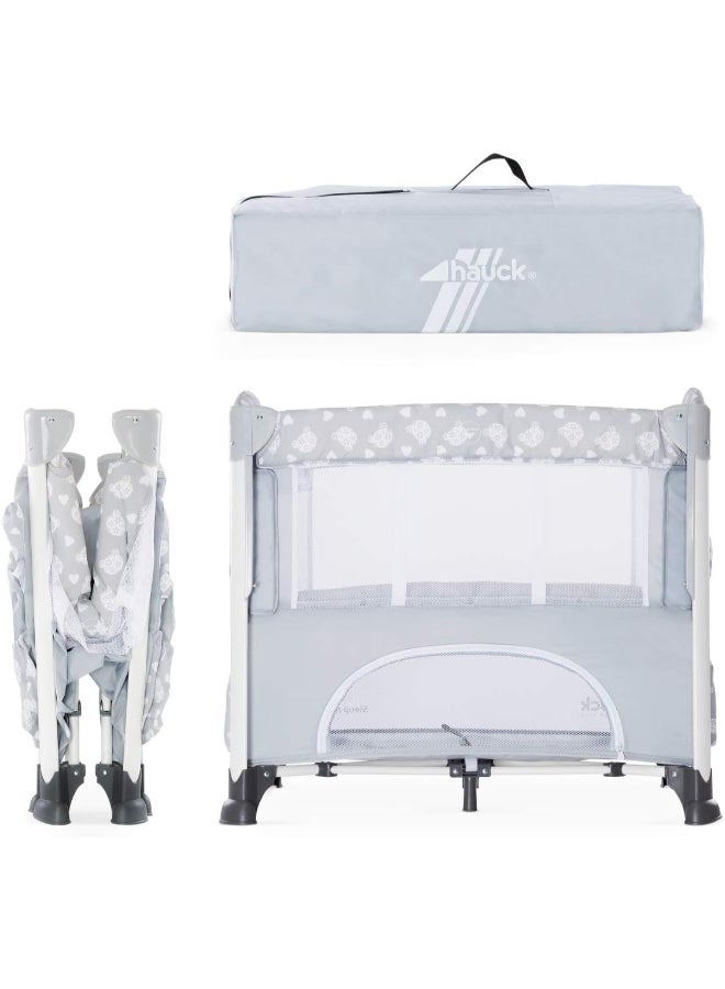 Bedside Crib Sleep N Care Plus, Co - Sleeper For New Born Babys From Birth Up To 9 Kg, Lowerable Side Part, Wheels, Toy Pockets, Storage Compartment, Foldable, Transport Bag, Teddy Grey