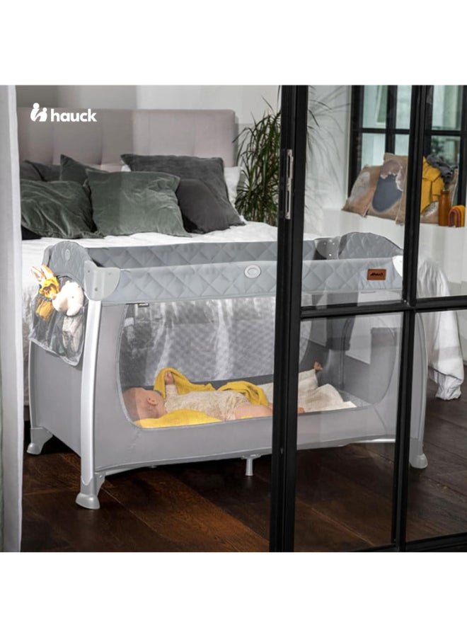 Travel Cots Play N Relax Center Foldable, Wheeled, Newborn Attachment, Changing Top, Side Pocket, Easy To Fold, Tilt - Resistant Design , Modern Style, For Babies Up To 15 Kg - Grey