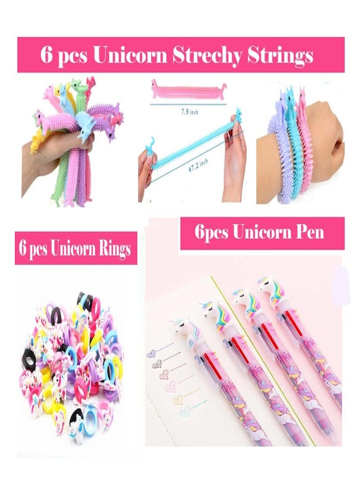 Unicorn Party Favors for Kids Drawstring Gift Bags Keychains Rings Squishy Eggs Slingshots String Puzzle Pen Tattoo Birthday Party Goodie Bags Fillers (70 pcs)