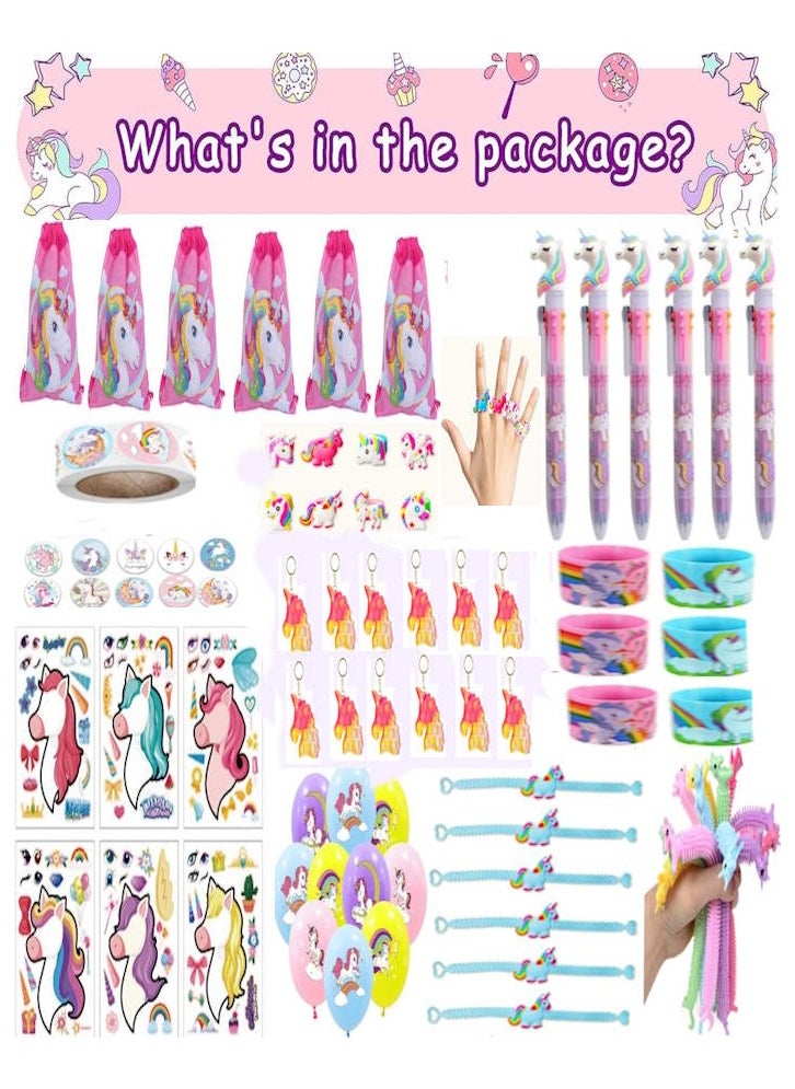 Unicorn Party Favors for Kids Drawstring Gift Bags Keychains Rings Squishy Eggs Slingshots String Puzzle Pen Tattoo Birthday Party Goodie Bags Fillers (70 pcs)