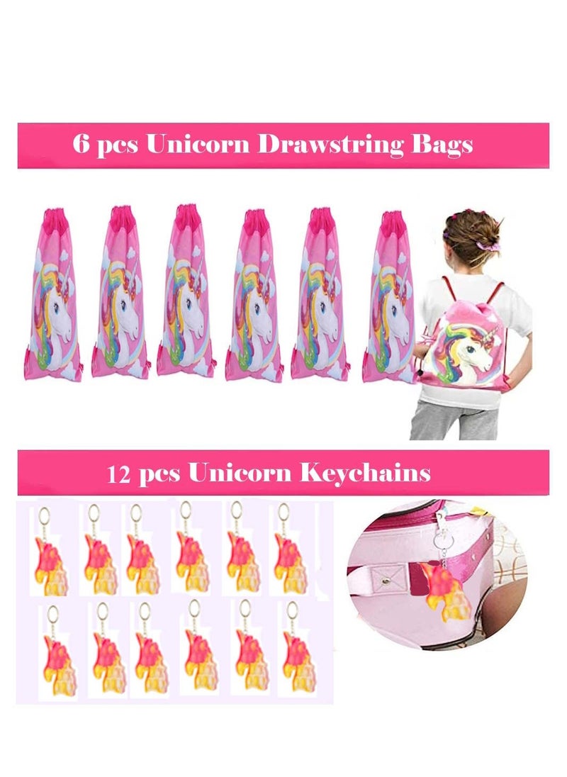 Unicorn Party Favors for Kids Drawstring Gift Bags Keychains Rings Squishy Eggs Slingshots String Puzzle Pen Tattoo Birthday Party Goodie Bags Fillers (70 pcs)