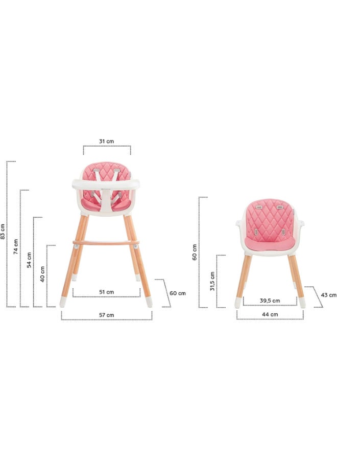 Highchair Sienna, Baby Chair, Ergonomic, Easy To Clean, Wooden Legs, Non - Slip Pads, Removable Tray, For Toddler, From 6 Month To 5 Years, Pink