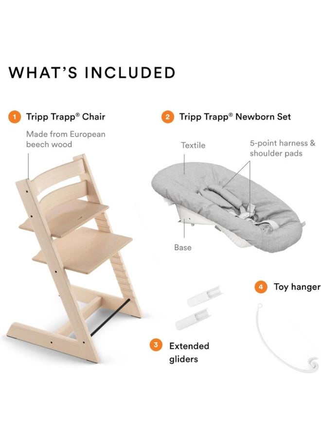 Tripp Trapp Chair (Natural) + Tripp Trapp Newborn Set ( Grey ) Cozy, Safe And Simple To Usebaby Chair For Newborns Up To 20 Lbs /9 Kg