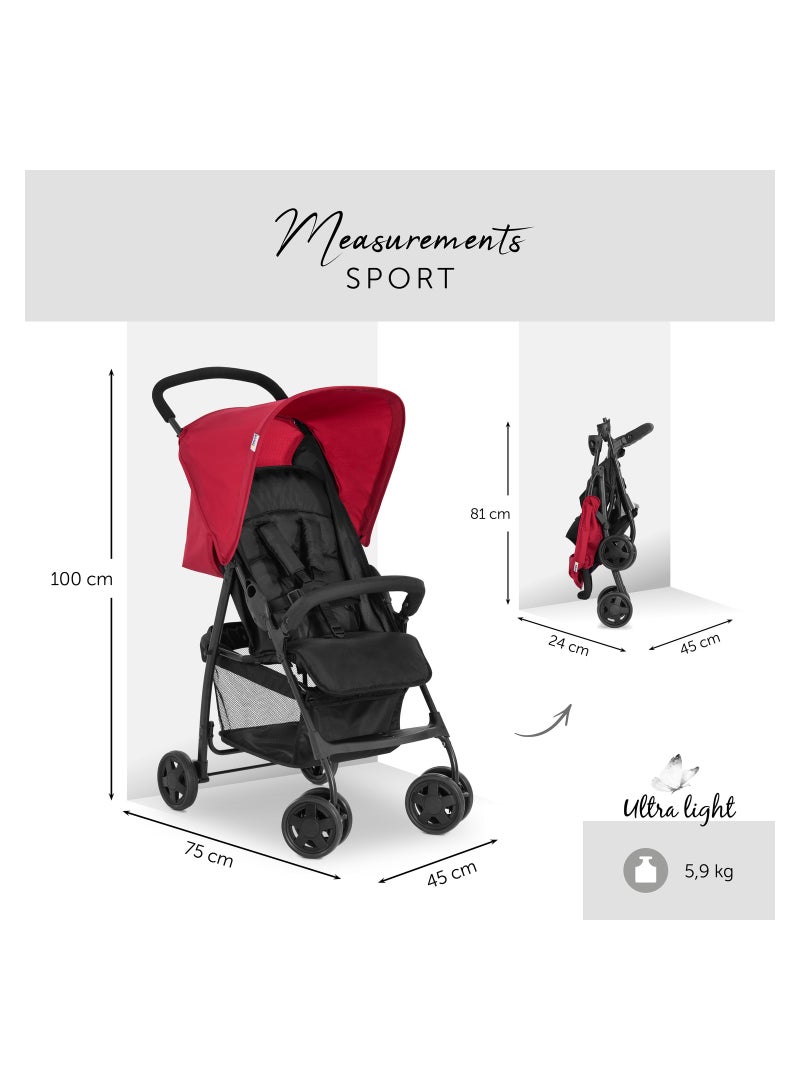 Sport Pushchair, Red Super Lightweight Travel Stroller (Only 5.9Kg), Compact And Foldable, Lay Flat, With Raincover