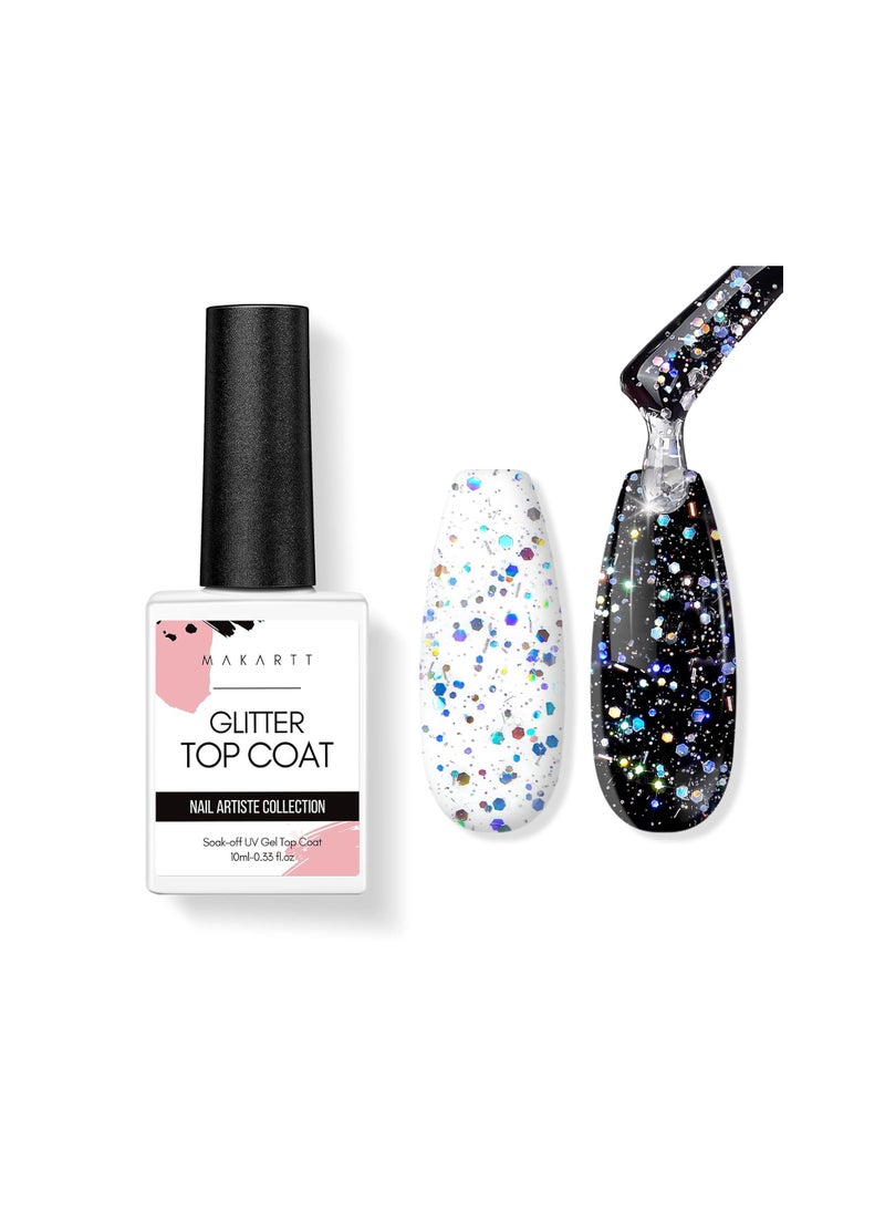 Makartt Glitter Top Coat Gel UV Nail Polish - No Wipe Top Coat Shines, Long Lasting Rainbow Top Coat for Beginners Manicure and Nail Art Design, Larger Rainbow Glitter, Soak Off UV LED, 10ML