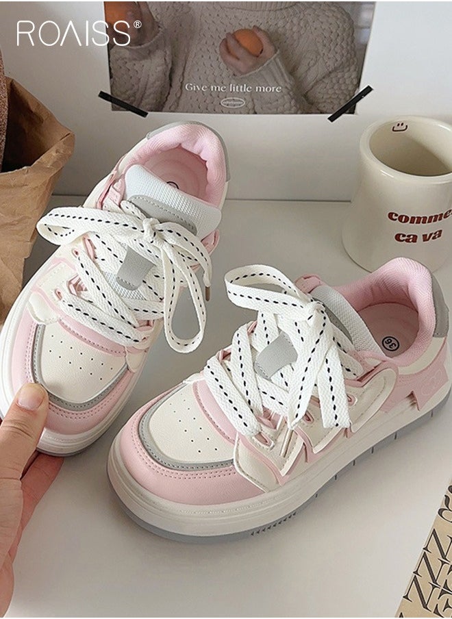 Stitched Contrasting Color Sneakers For Women'S Daily Commuting Versatile Thick-Soled Round Toe Adjustable Drawstring Buckle Flats