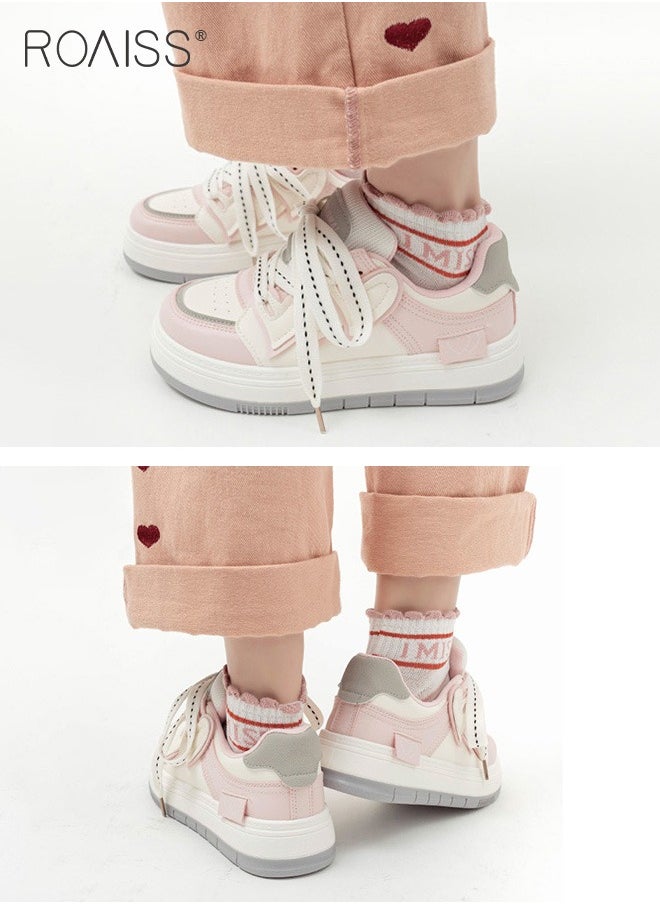 Stitched Contrasting Color Sneakers For Women'S Daily Commuting Versatile Thick-Soled Round Toe Adjustable Drawstring Buckle Flats