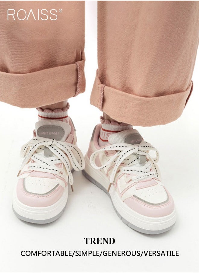 Stitched Contrasting Color Sneakers For Women'S Daily Commuting Versatile Thick-Soled Round Toe Adjustable Drawstring Buckle Flats