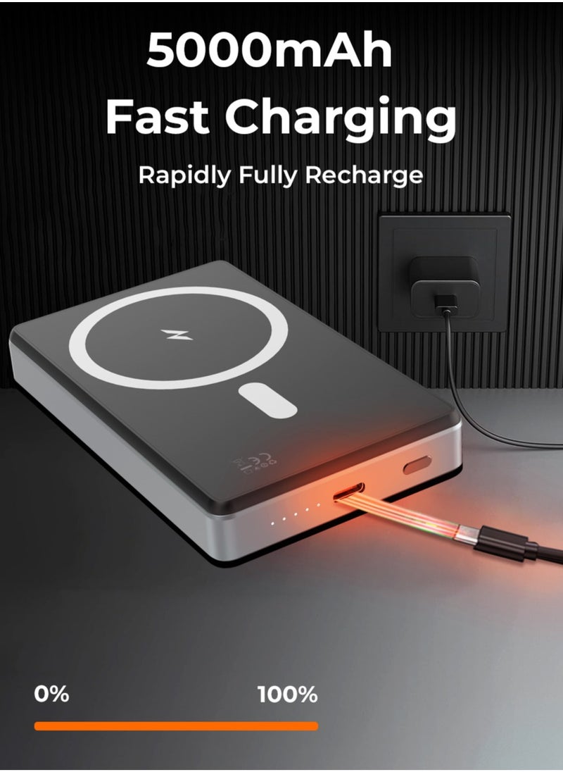 Ultra Slim Magsafe Power Bank 5000mAh, Wireless Portable Charger 15W Magnetic, Designed for MagSafe Battery Pack, PD USB-C Fast Charging for iPhone 15/14/13/12 Series