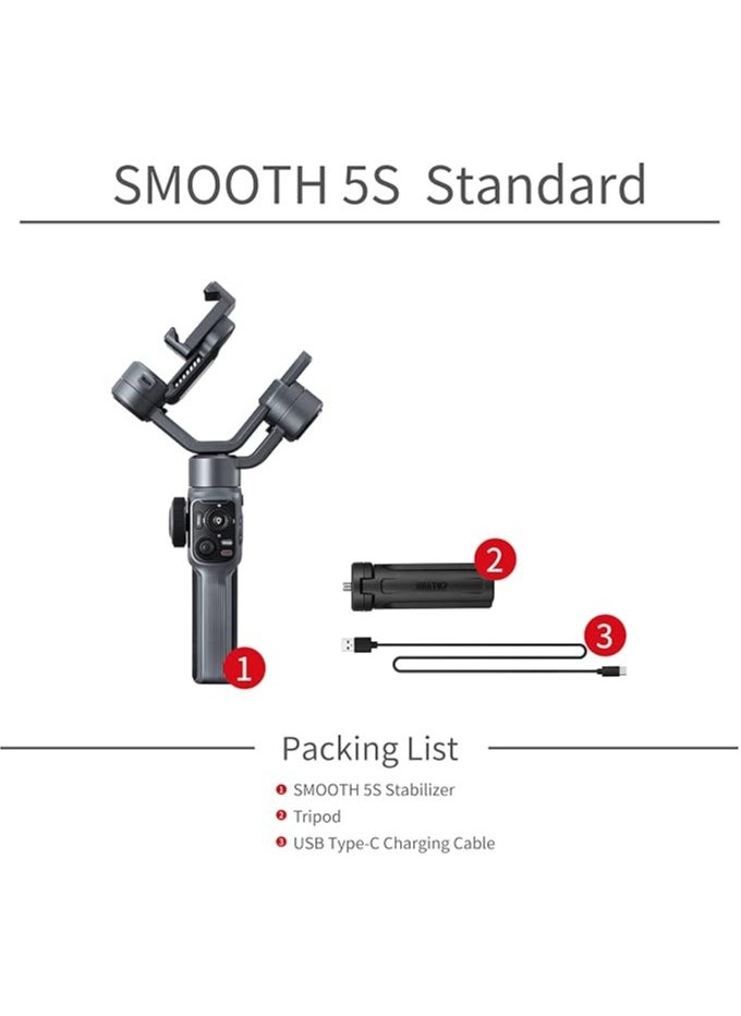 Zhiyun Smooth 5S Professional 3-Axis Smartphone Gimbal Stabilizer – Portable Stabilizer for Vlogging, Live Video, TikTok, YouTube – Compatible with iPhone & Android – Gray