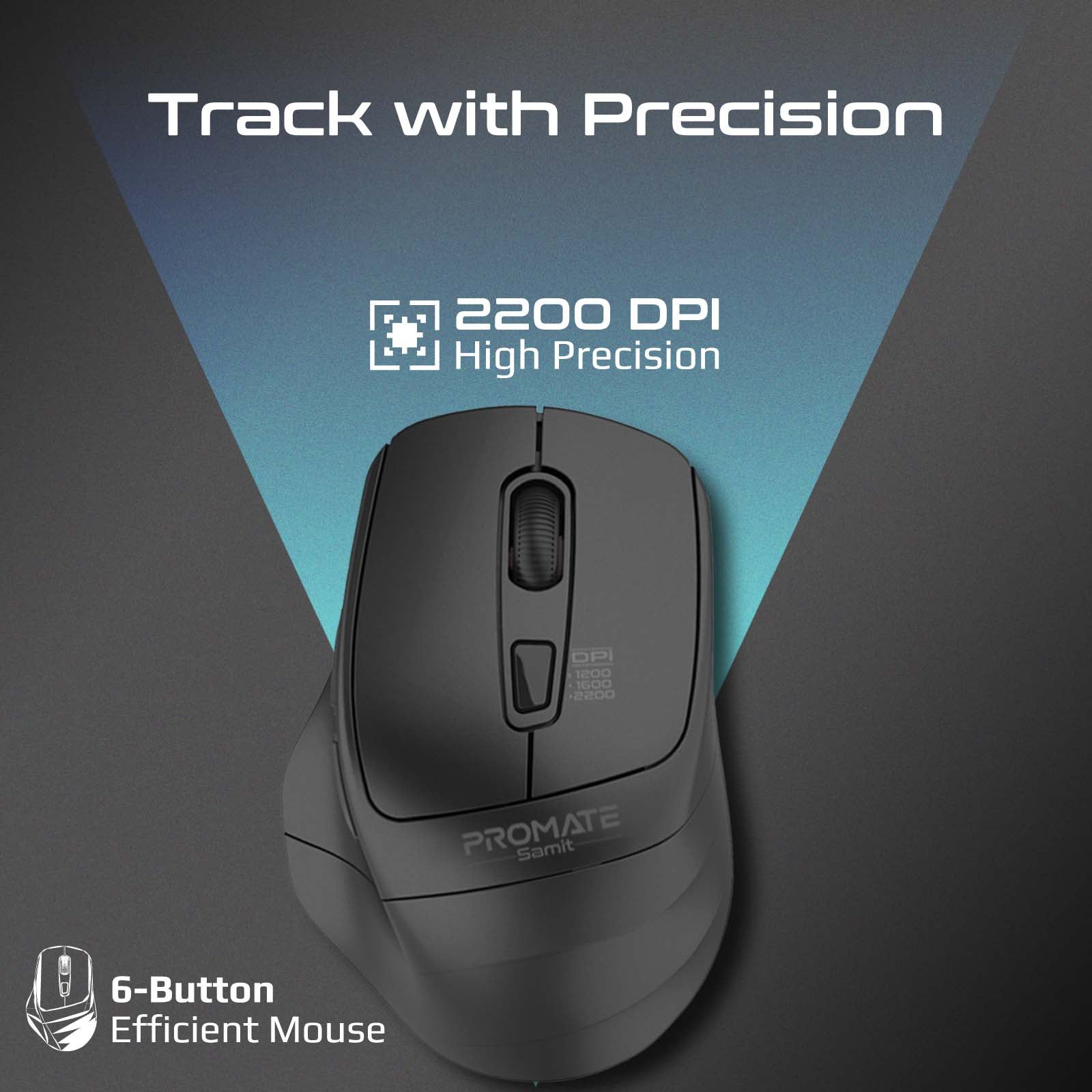 Promate Wireless Silent Mouse, 2.4G Portable Noiseless Cord-Free, 10 Meter Working Range and Nano USB Receiver Black