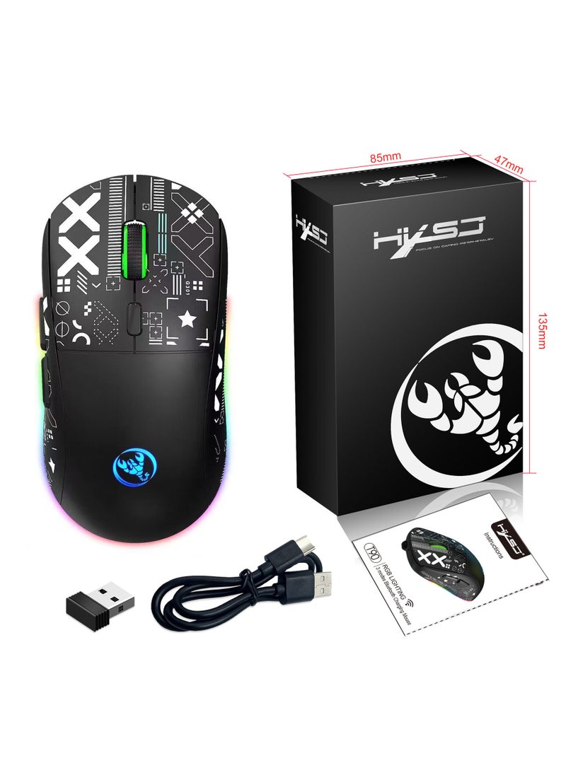 HXSJ NEW T90 Three-Mode 2.4G Water Transfer Wireless Mouse RGB Light-Emitting Wireless Game TYPE-C Charging Mouse