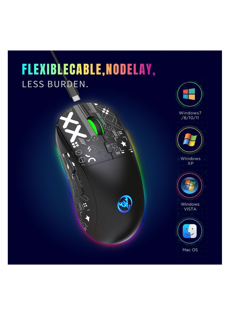 HXSJ NEW T90 Three-Mode 2.4G Water Transfer Wireless Mouse RGB Light-Emitting Wireless Game TYPE-C Charging Mouse