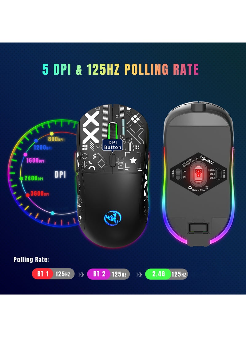 HXSJ NEW T90 Three-Mode 2.4G Water Transfer Wireless Mouse RGB Light-Emitting Wireless Game TYPE-C Charging Mouse