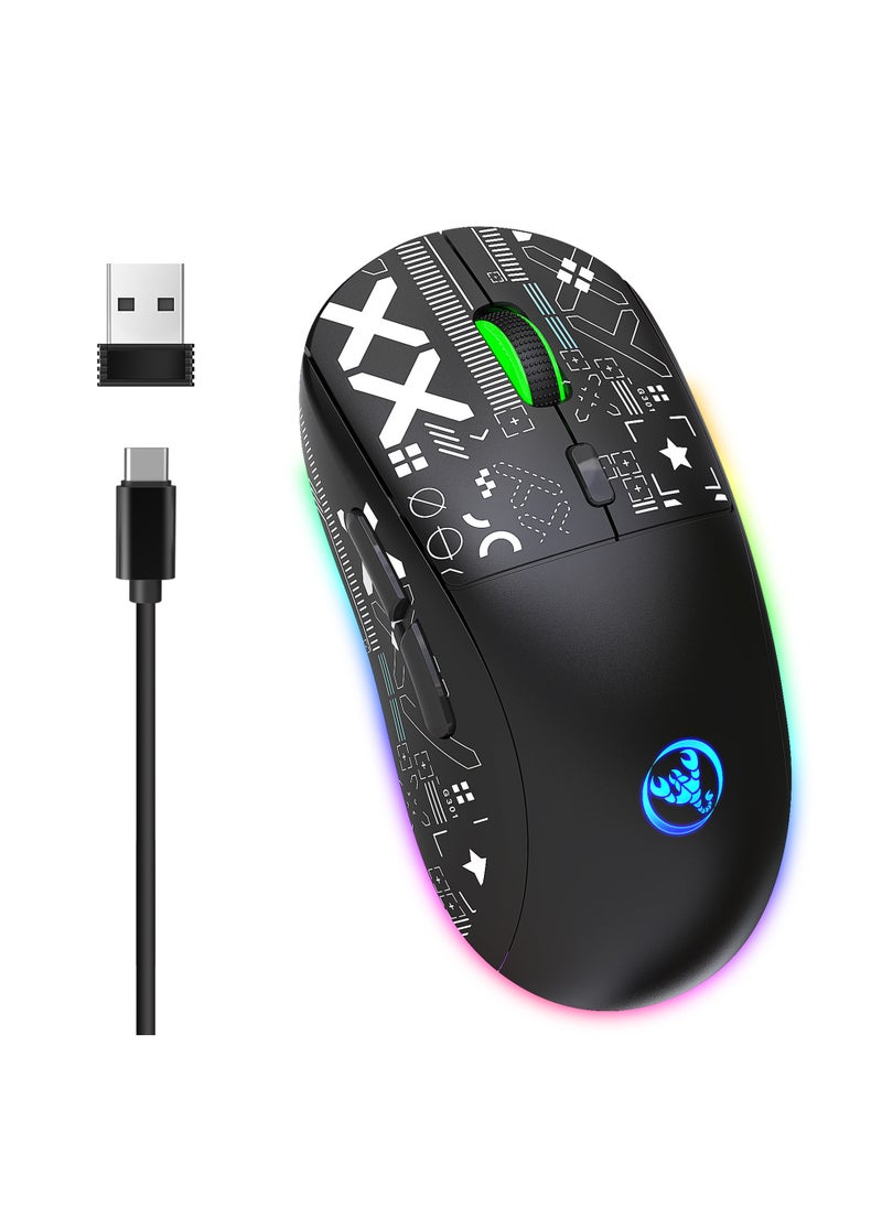 HXSJ NEW T90 Three-Mode 2.4G Water Transfer Wireless Mouse RGB Light-Emitting Wireless Game TYPE-C Charging Mouse