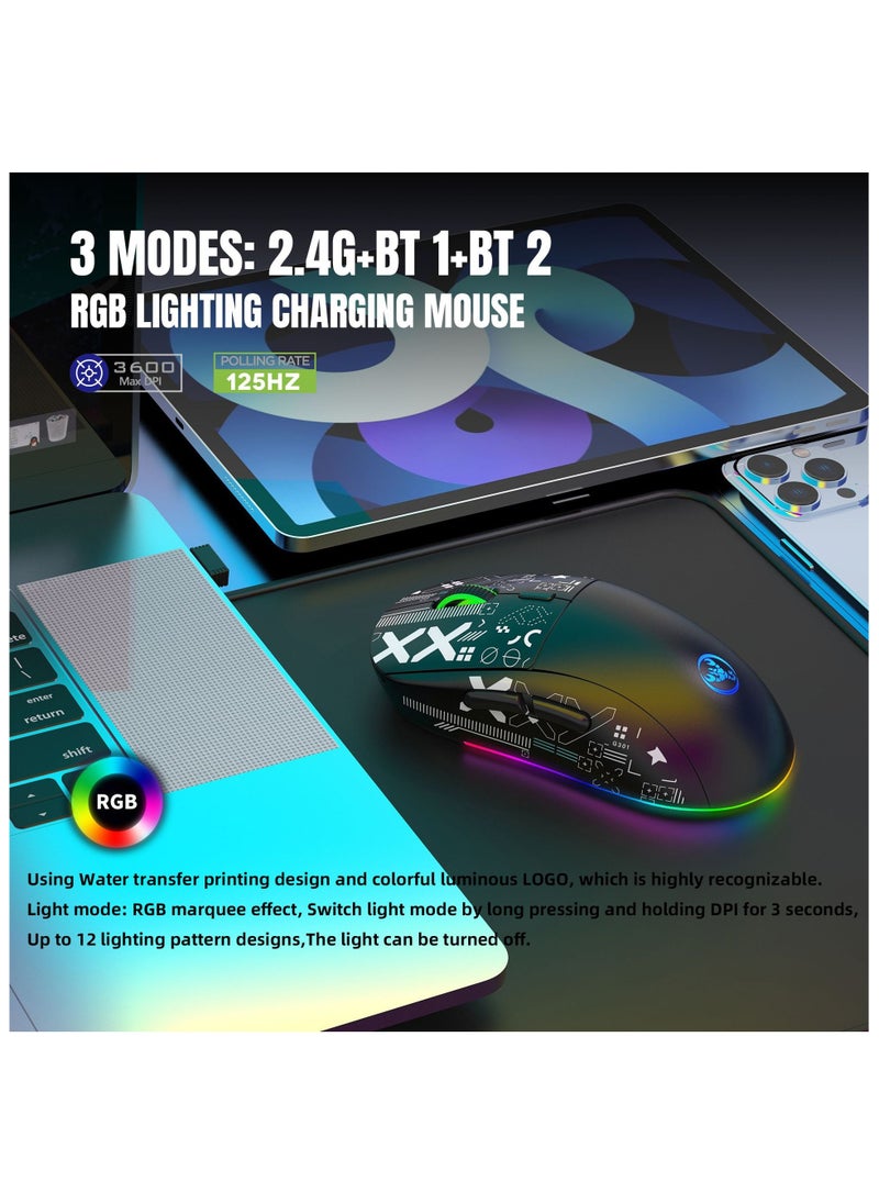 HXSJ NEW T90 Three-Mode 2.4G Water Transfer Wireless Mouse RGB Light-Emitting Wireless Game TYPE-C Charging Mouse