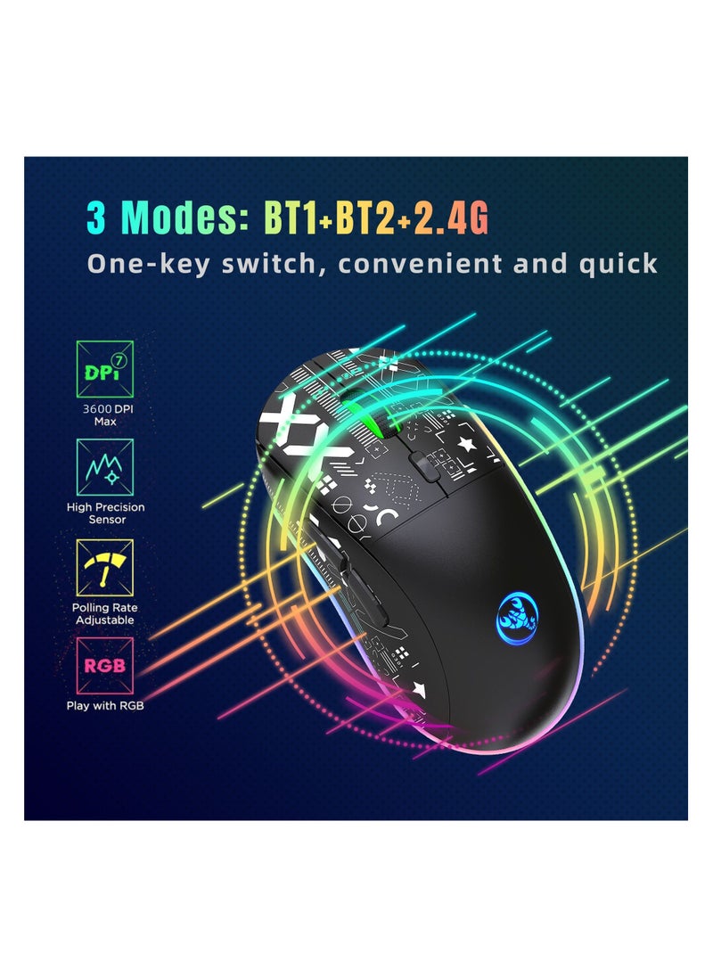 HXSJ NEW T90 Three-Mode 2.4G Water Transfer Wireless Mouse RGB Light-Emitting Wireless Game TYPE-C Charging Mouse