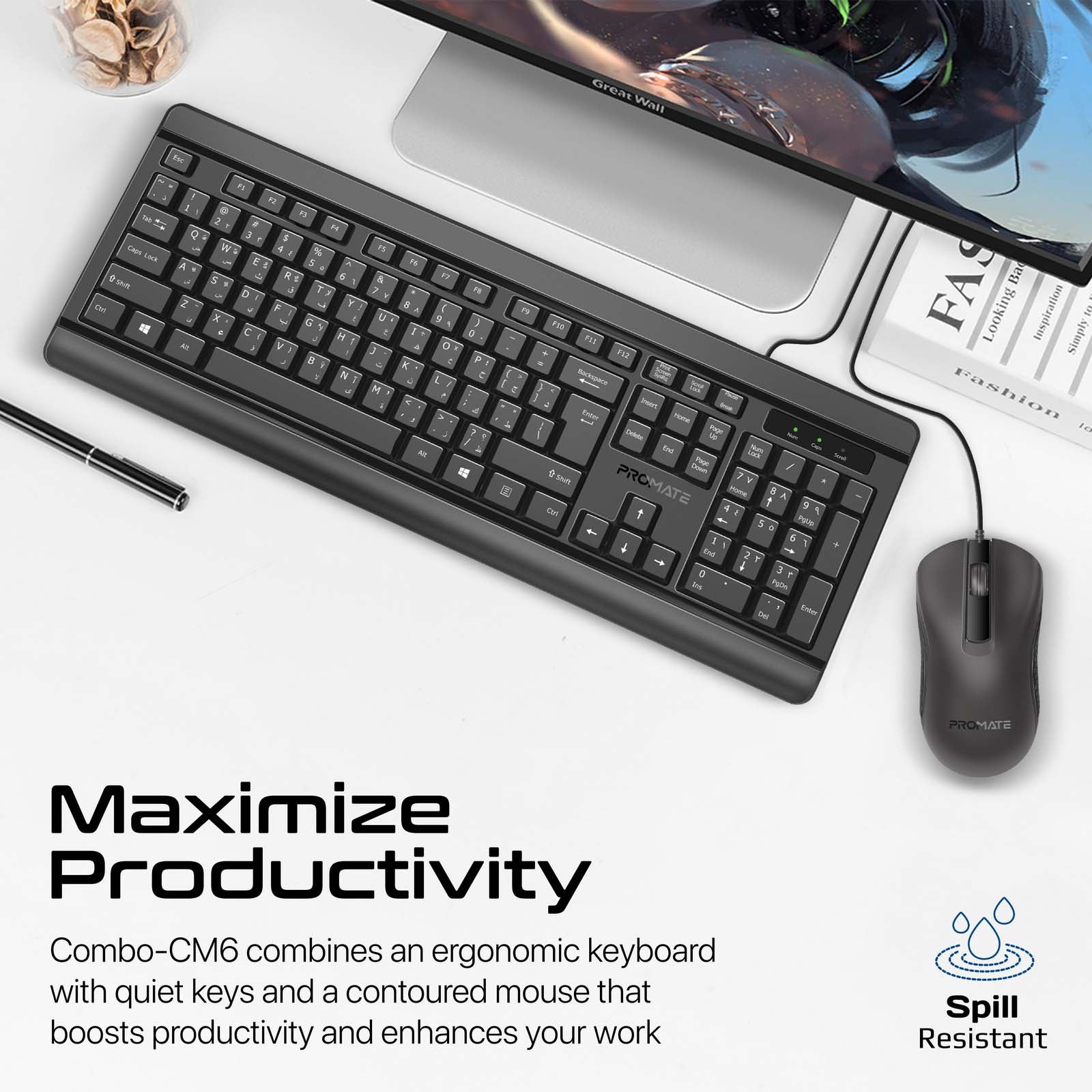 Silent Wired Keyboard with Ambidextrous 1200 DPI Mouse, Silicone Grip and Spill-Resistant, Combo-CM6 Black