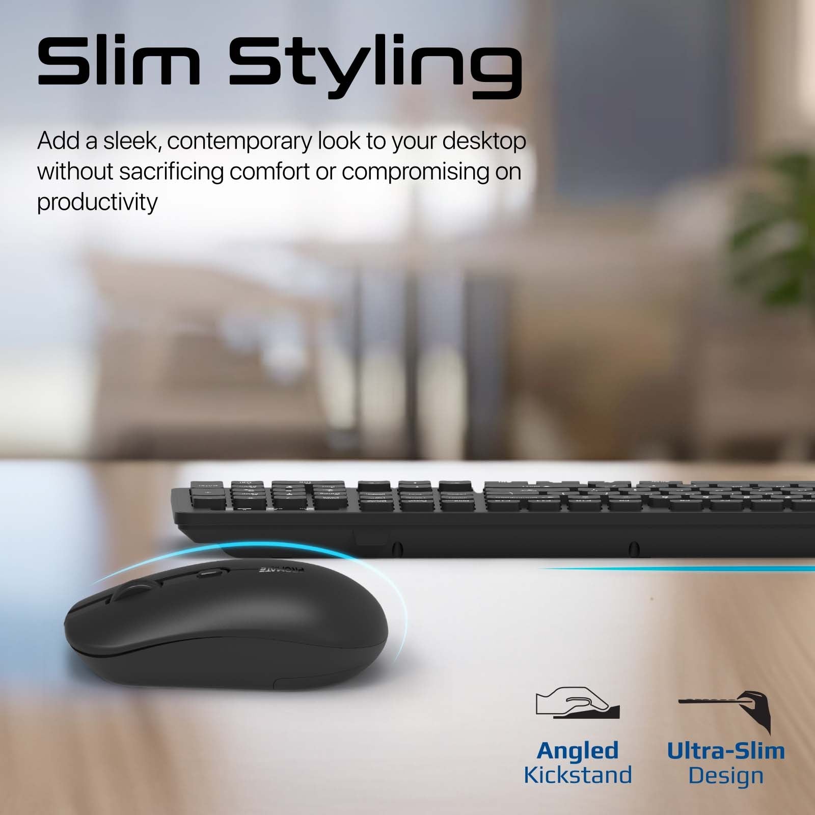 Promate Wireless Keyboard and Mouse Combo, Slim Full-Size 2.4Ghz Wireless Keyboard with 1600 DPI Ambidextrous Mouse, Nano USB Receiver, Quiet Keys, Angled Kickstand Black