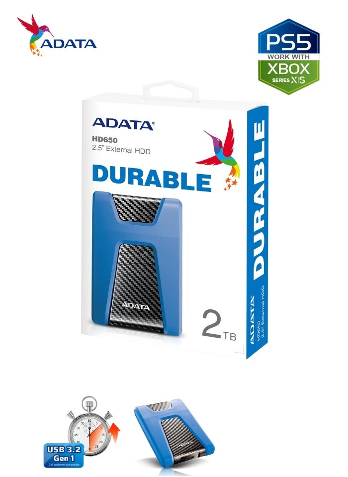 HD650 DURABLE 2TB External HDD | Anti-Shock Hard Drive | Compatible with PS5 XBOX | Blue