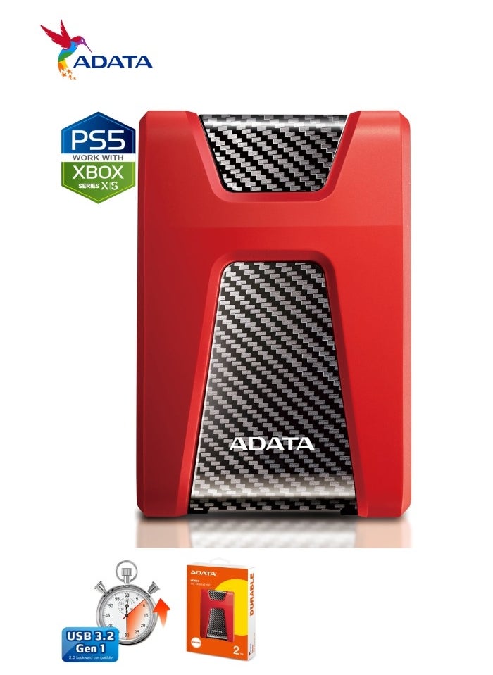 HD650 DURABLE 2TB External HDD | Anti-Shock Hard Drive | Compatible with PS5 XBOX | Red