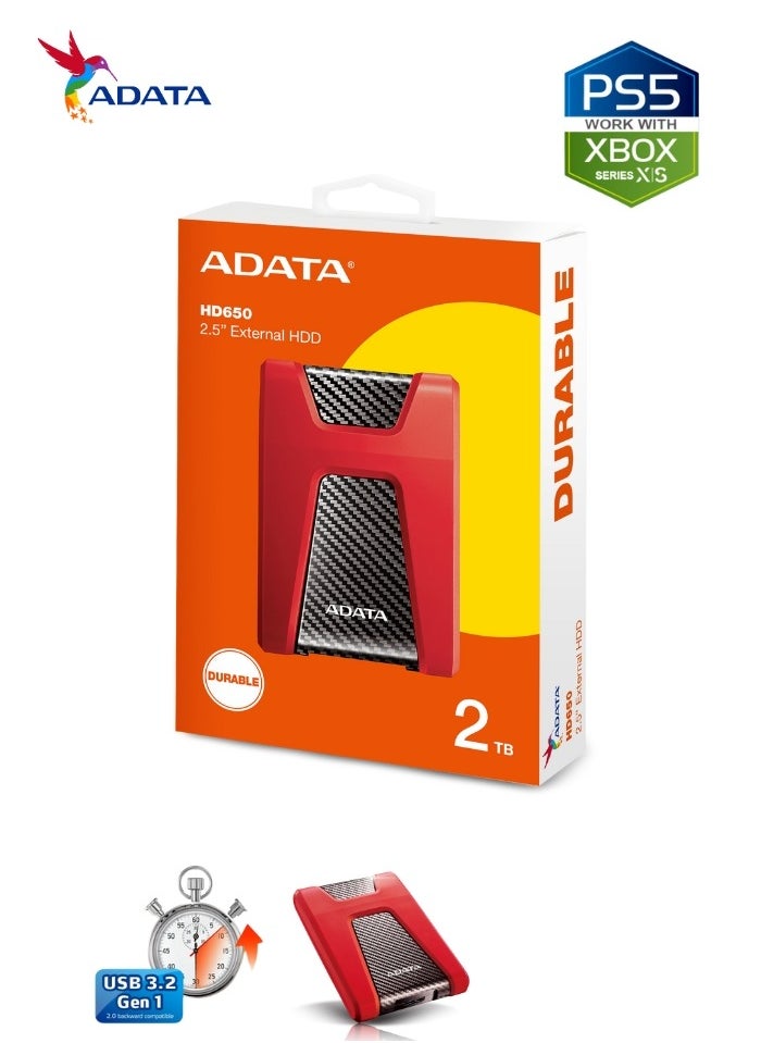 HD650 DURABLE 2TB External HDD | Anti-Shock Hard Drive | Compatible with PS5 XBOX | Red