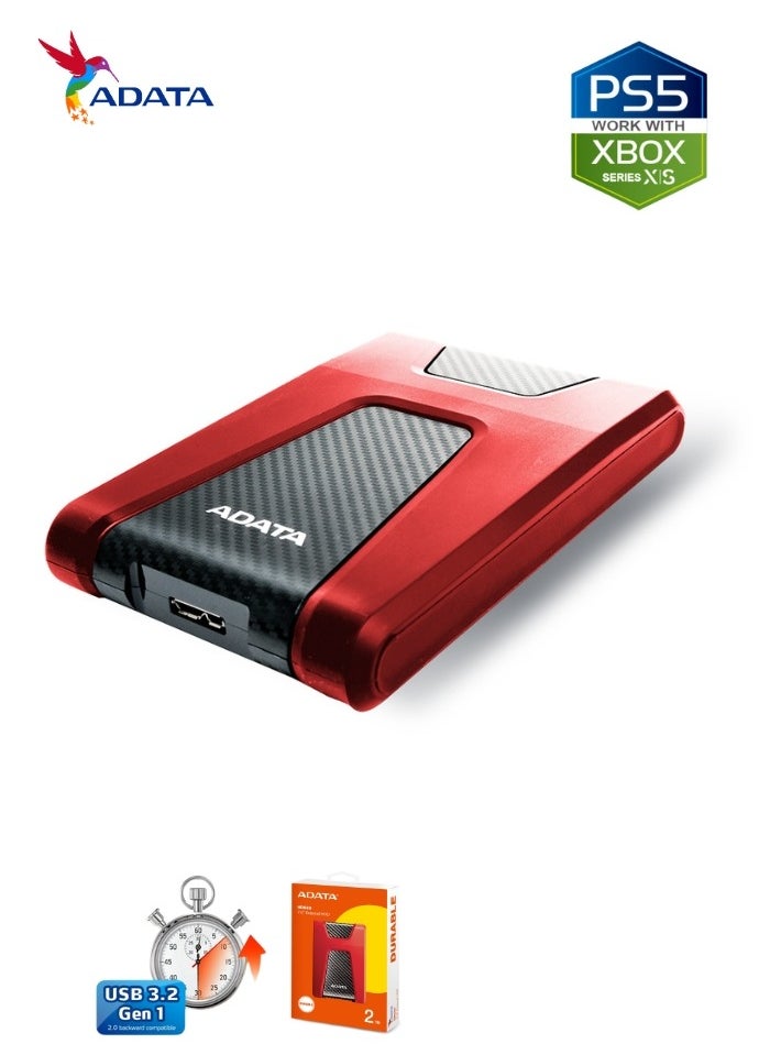 HD650 DURABLE 2TB External HDD | Anti-Shock Hard Drive | Compatible with PS5 XBOX | Red