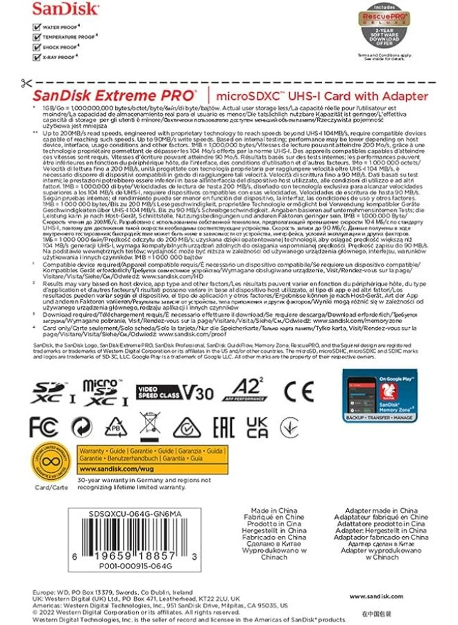 64 GB Memory card Extreme Pro,speeds of up to 100MB/s ,A2 Specification microSDXC  SDSQXCU-064G-GN6MA 64 GB