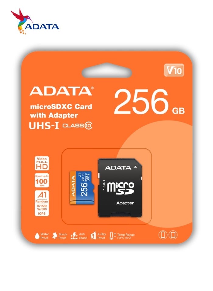 Premier 256GB Memory Card MicroSDHC/SDXC UHS-I Class 10 V10 A1 with Adapter | Waterproof, Shockproof, X-ray proof, and Anti-static