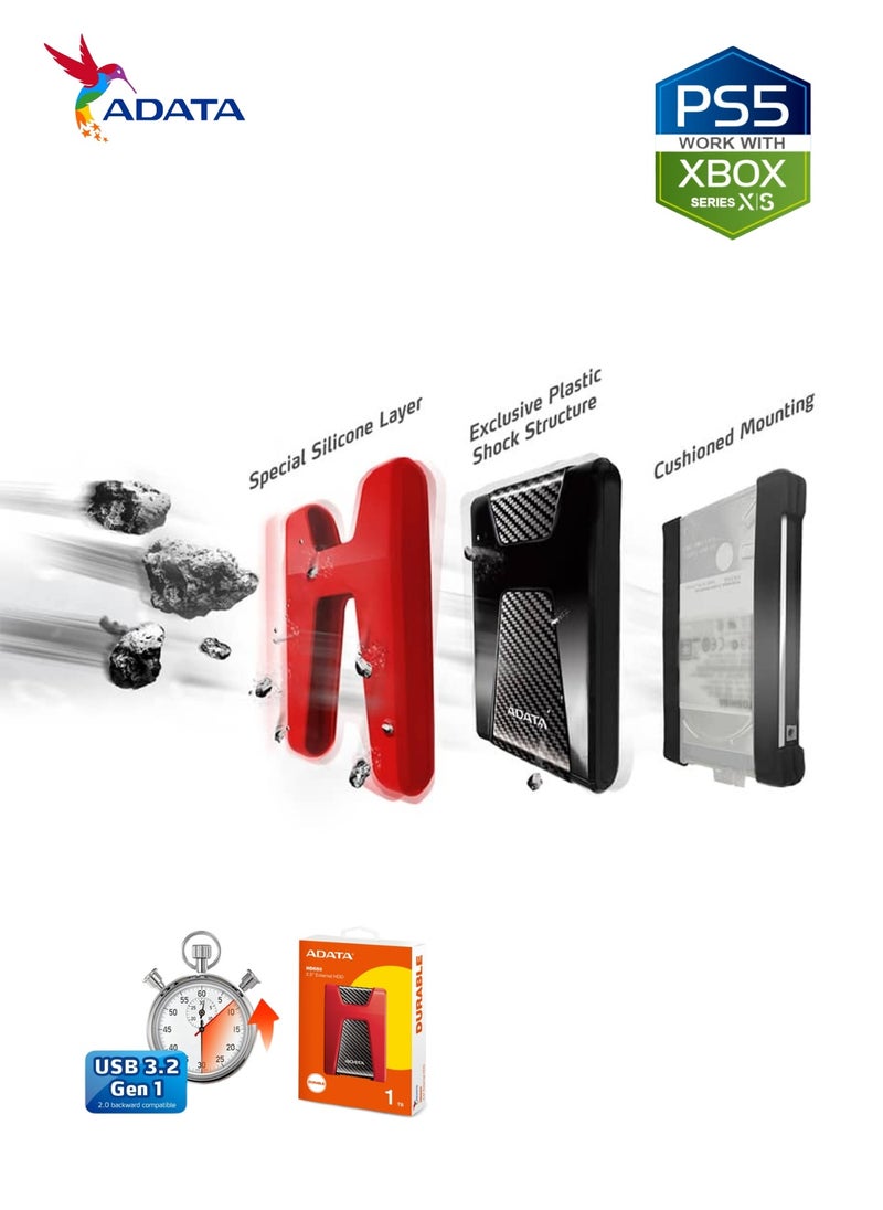 HD650 DURABLE 1TB External HDD | Anti-Shock Hard Drive | Compatible with PS5 XBOX | Red