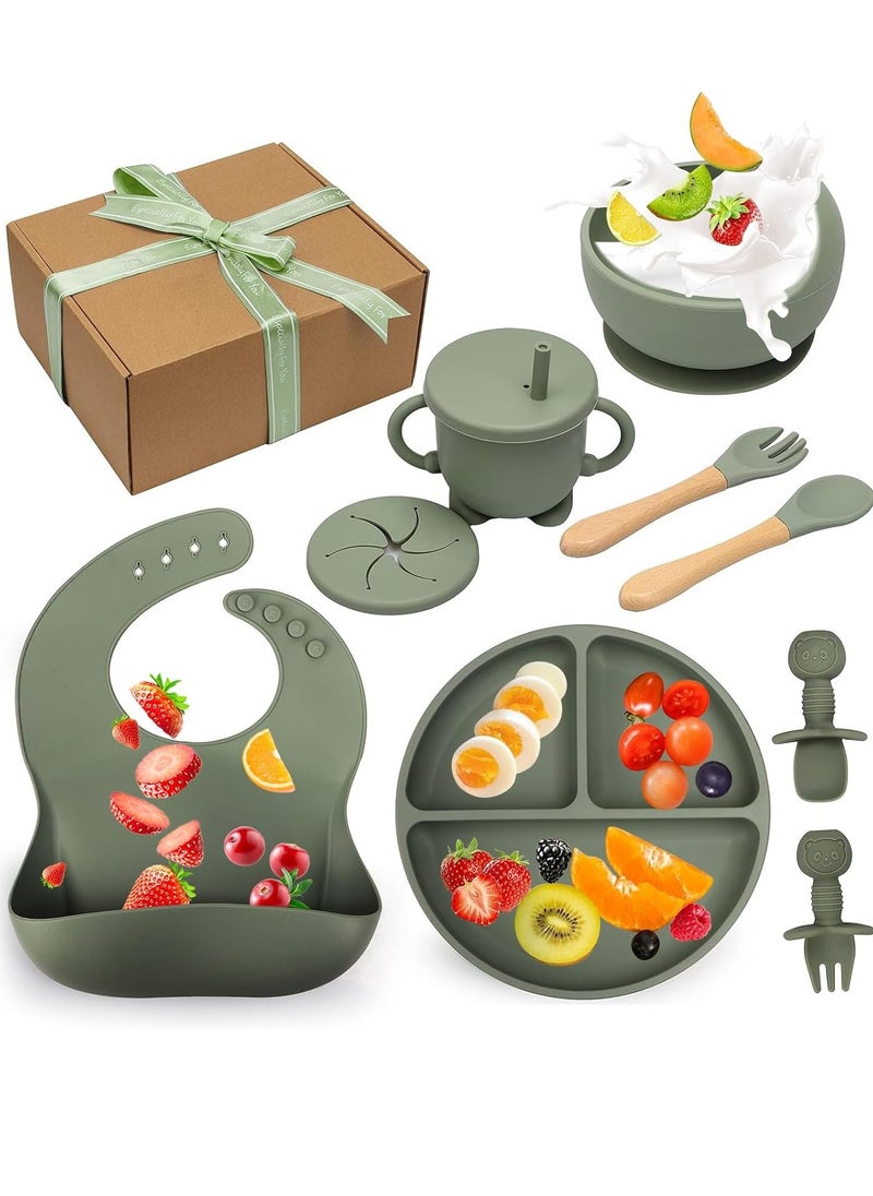 Silicone Baby Feeding Set with Gift Box, Adjustable Baby Bib Toddler Divider Plate Bowl Spoon Fork with Suction