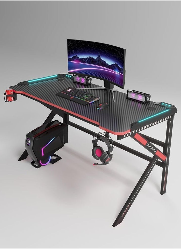 Gaming Desk with LED RGB Lights 120cm PC Computer Desk K-Shaped Gamer Home Office Computer Desk Table with Handle Rack Cup Holder & Headphone Hook (Black)