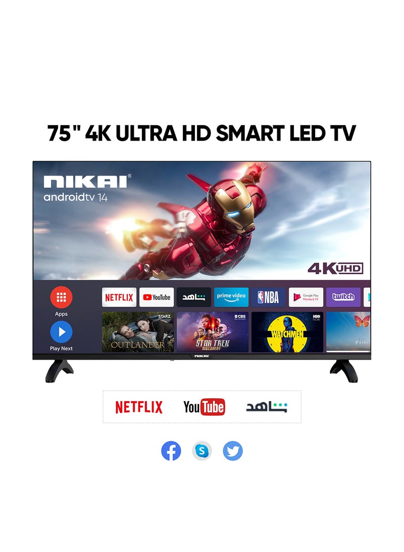 75 Inch Smart LED TV, Frameless Design, Built-In Wi-Fi, Smart Apps Shahid, YouTube, Netflix, Amazon, HDMI And USB Connectivity, Quad-Core, 1GB RAM, 8 GB Memory, Auto Power Off UHD75SLEDT Silver