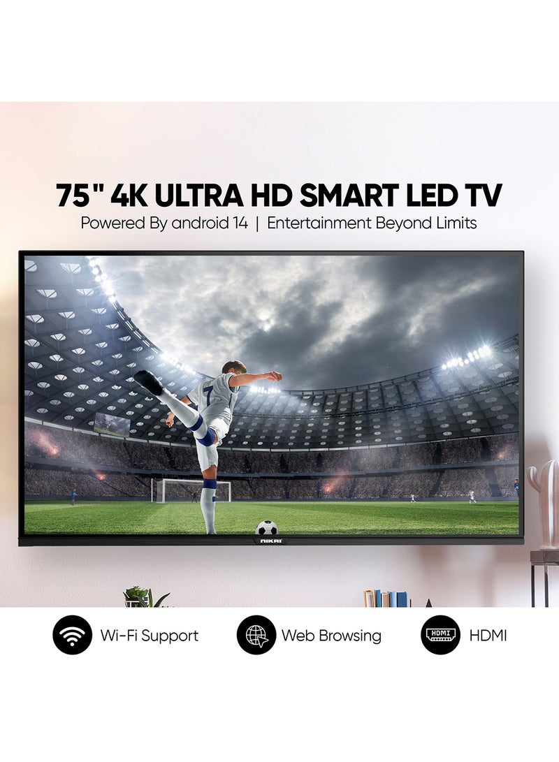 75 Inch Smart LED TV, Frameless Design, Built-In Wi-Fi, Smart Apps Shahid, YouTube, Netflix, Amazon, HDMI And USB Connectivity, Quad-Core, 1GB RAM, 8 GB Memory, Auto Power Off UHD75SLEDT Silver