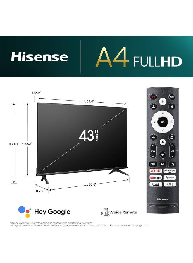 43 Inch Class A4 Series FHD 1080p Google Smart TV | DTS Virtual: X, Game | Sports Modes | 60HZ | Chromecast Built-in | 43A4K Black