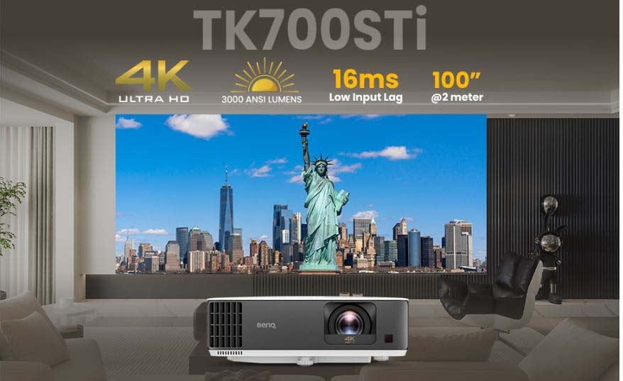 TK700 UHD HDR 4K Projector, 3200 Lumens Console Gaming Projector, 5W Speakers Home Theatre, 60Hz/16.7 ms @ 4K And 240Hz/4ms @ Full HD Input Lag For Games, Home Cinema And Sports, Projector 4K TK700 White & Brown