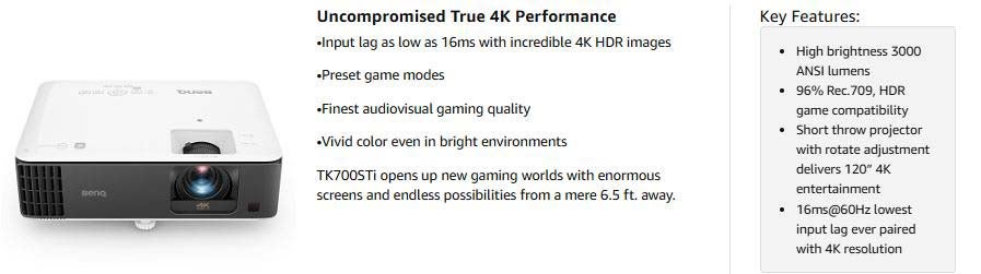 TK700 UHD HDR 4K Projector, 3200 Lumens Console Gaming Projector, 5W Speakers Home Theatre, 60Hz/16.7 ms @ 4K And 240Hz/4ms @ Full HD Input Lag For Games, Home Cinema And Sports, Projector 4K TK700 White & Brown