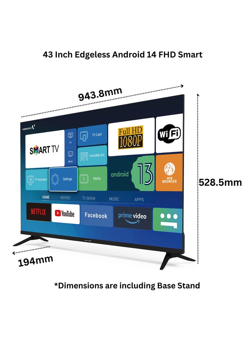 43 Inch Edgeless Android 14 Full HD Smart TV Netflix, Youtube, Amazon Prime Etc E43EL1100 Black