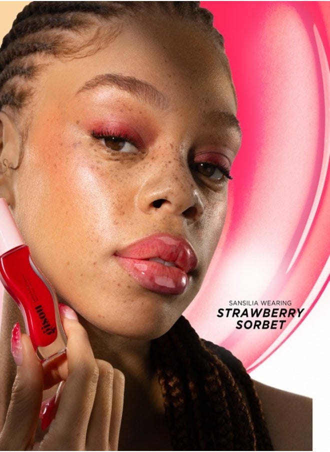 GISOU Honey Infused Lip Oil Strawberry Sorbet - Sheer Pinky Red, Hydrating & Nourishing Lip Treatment (0.27 oz / 8 ml)