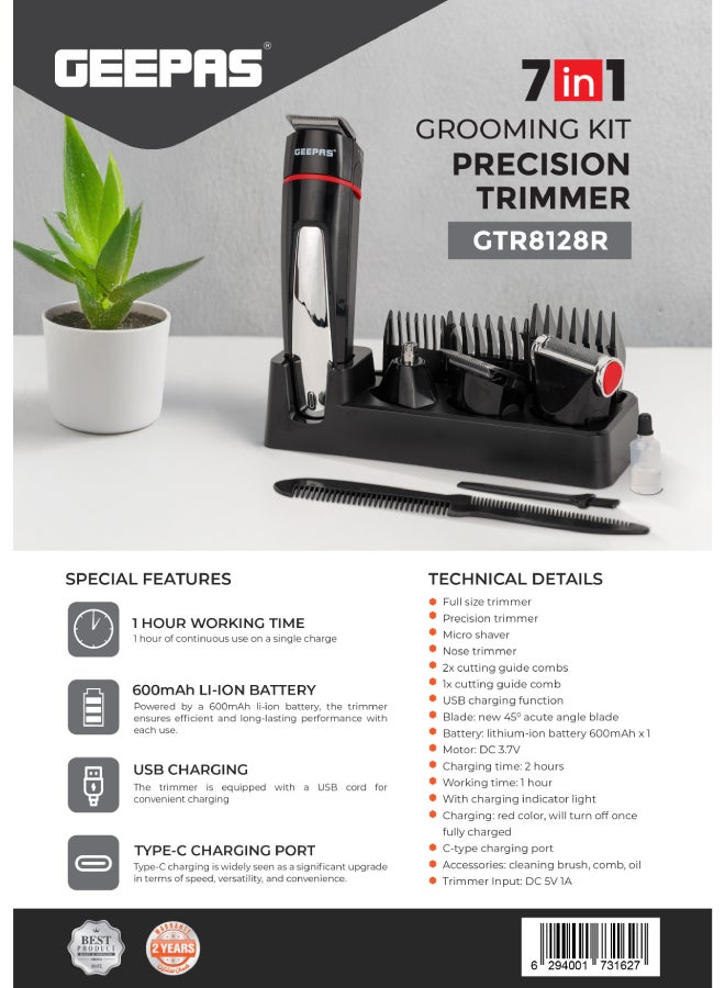 7 in 1 Grooming kit Precision Trimmer|  with 600mAh Li-ion battery| Hair Clippers, Grooming Kit with Stand| Charging Indicator, Interchangeable Heads for Shaving, Detailing, Grooming Beards, Stubble, Nose and Body| 1-Hour Working Time, USB Charging| 2 Years Warranty | GTR8128N Black