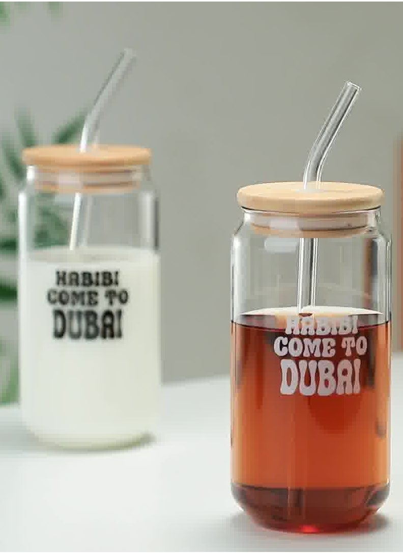 Borosilicate Positive Quote Printed Drinking Glasses With Bamboo Lid and Glass Straw and Cleaning Brush 350 ML (Set of 2)