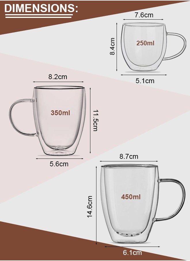 6-Piece Insulated Double Wall Cup with Handle for Drinkware Coffee Tea Available in 250ml, 350ml and 450ml