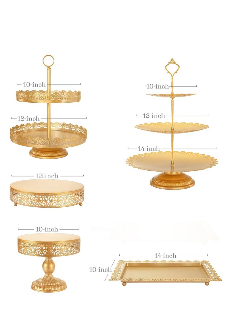 Gold Cake Stand 5 Pcs, Antique-Inspired Dessert Table Display Set Different Heights and Shapes Stands Tiered Cupcake Holder Candy Fruit Plate Decoration