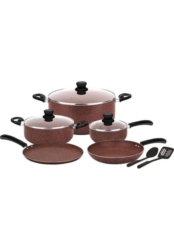 10 Pcs Marble Cookware Set | Marble Coated Forged Aluminum Body Tempered Glass Lid With Wide Stainless Steel, Congo Brown