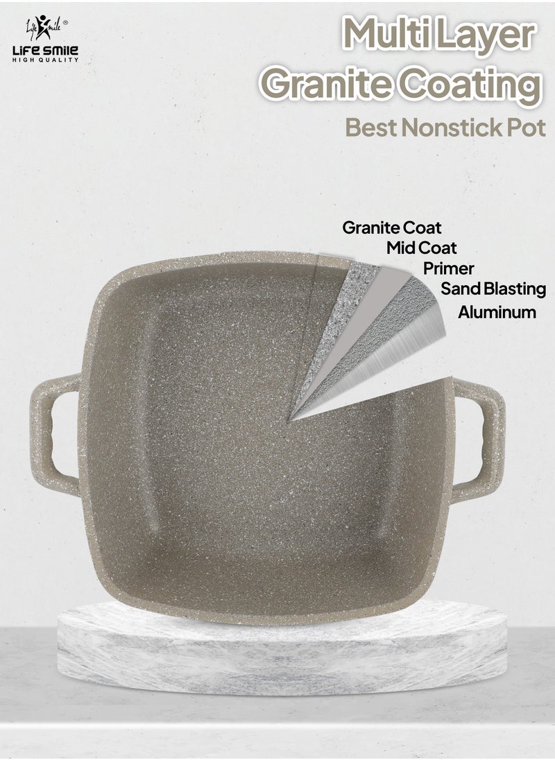 Square Cooking Pot | aluminum Soup Pot With Glass Lid | PFOA Free Oven Safe | 5 Layer Non-Stick Granite Coating | Dishwasher Safe